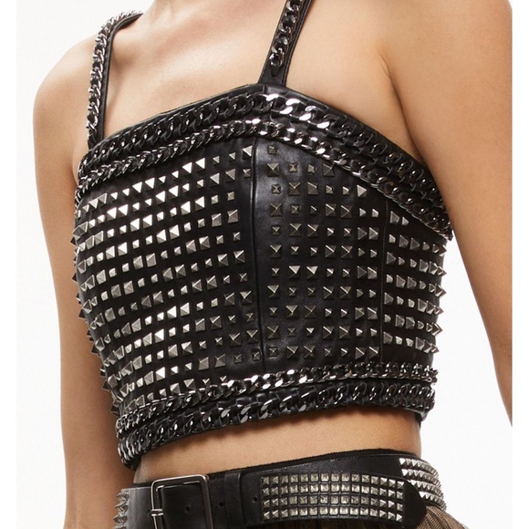 Alice and Olivia Size 10 Studded Black Leather Women's Bustier Top - Picture 7 of 9